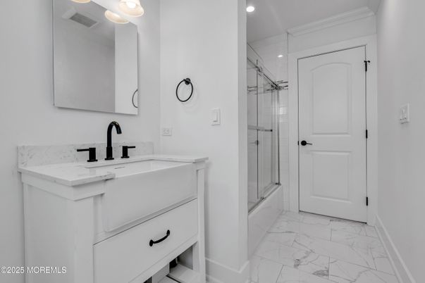 Bathroom, Dual Sink Vanities, Glass Shower, Interior, Marble, Recessed Lighting