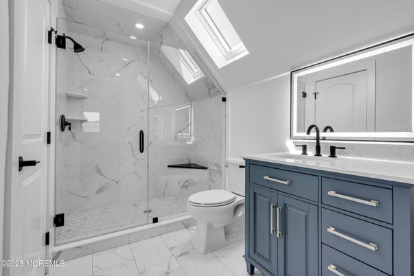 Bathroom, Glass Shower, Interior, Marble, Marble Walls, Recessed Lighting
