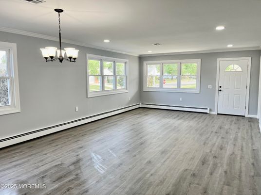 Chandelier, Empty room, Interior, Recessed Lighting, Wood Texture Flooring