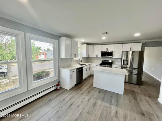 Interior, Kitchen, Recessed Lighting, Stainless Steel Appliances, Wood Texture Flooring