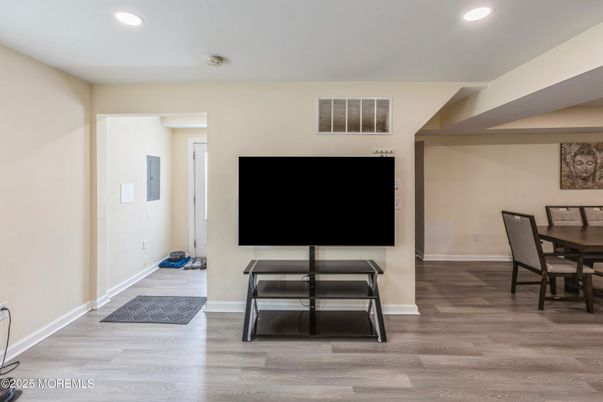 Dining room, Interior, Recessed Lighting, Wood Texture Flooring