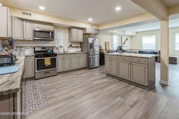 Interior, Kitchen, Recessed Lighting, Stainless Steel Appliances, Wood Texture Flooring