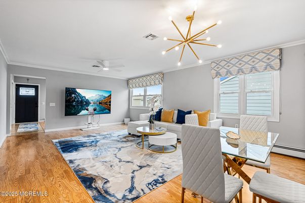 Dining room, Interior, Living room, Pendant Lights, Wood Texture Flooring