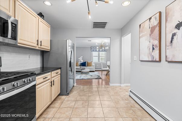 Chandelier, Interior, Kitchen, Recessed Lighting, Stainless Steel Appliances, Wood Texture Flooring