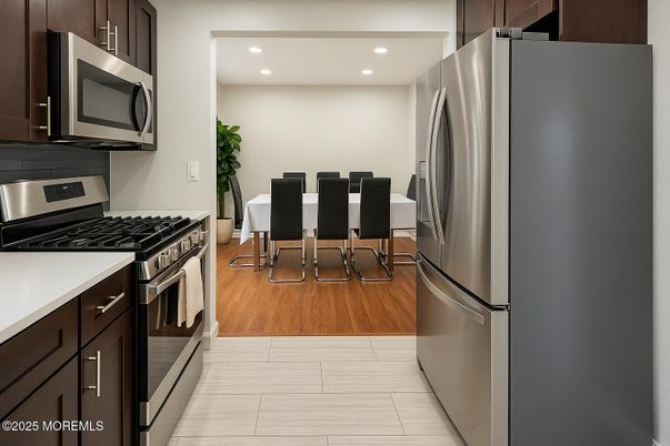 Dining room, Interior, Kitchen, Recessed Lighting, Stainless Steel Appliances, Wood Texture Flooring
