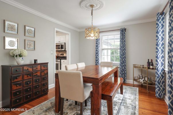 Dining room, Interior, Kitchen, Pendant Lights, Stainless Steel Appliances, Wood Texture Flooring