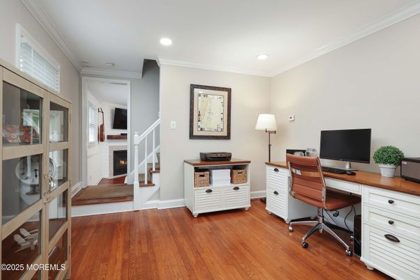 Fireplace, Home Office, Interior, Recessed Lighting, Wood Texture Flooring
