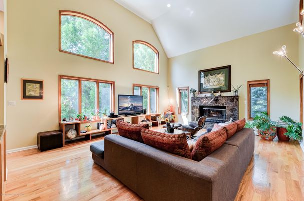 Fireplace, Interior, Living room, Recessed Lighting, Wood Texture Flooring