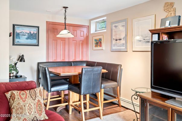 Dining room, Interior, Pendant Lights, Wood Texture Flooring