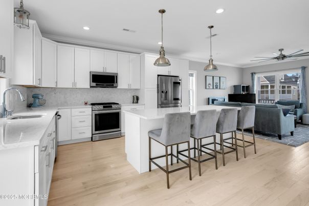 Interior, Kitchen, Living room, Pendant Lights, Recessed Lighting, Stainless Steel Appliances, Wood Texture Flooring