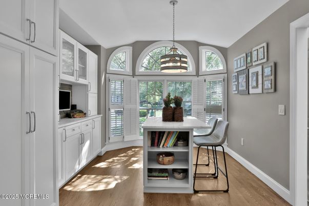 Dining room, Interior, Pendant Lights, Wood Texture Flooring