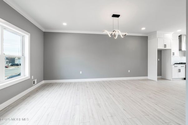 Empty room, Interior, Kitchen, Pendant Lights, Recessed Lighting, Wood Texture Flooring