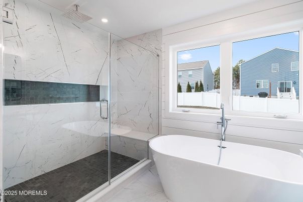 Bathroom, Free Standing Baths, Glass Shower, Interior, Marble, Marble Walls, Recessed Lighting