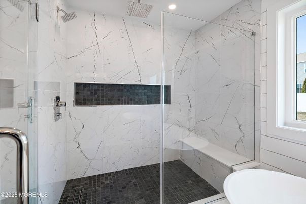 Bathroom, Glass Shower, Interior, Marble Walls, Recessed Lighting