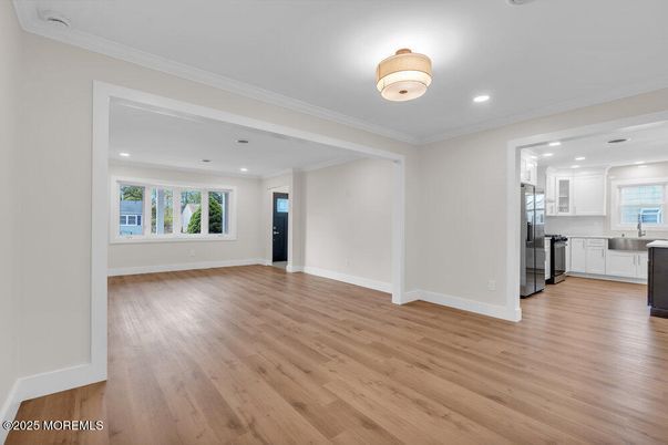 Empty room, Interior, Kitchen, Recessed Lighting, Wood Texture Flooring