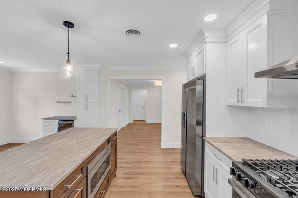Interior, Kitchen, Pendant Lights, Recessed Lighting, Stainless Steel Appliances, Wood Texture Flooring
