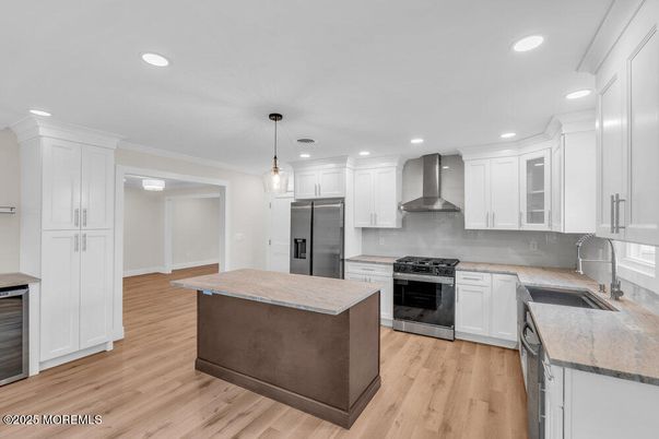 Interior, Kitchen, Pendant Lights, Recessed Lighting, Stainless Steel Appliances, Wood Texture Flooring