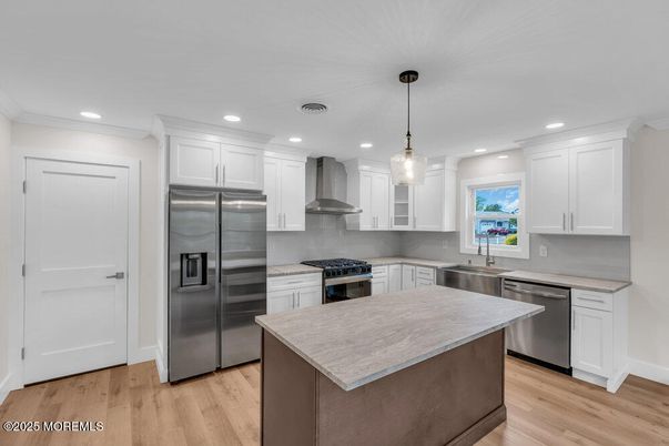 Interior, Kitchen, Pendant Lights, Recessed Lighting, Stainless Steel Appliances, Wood Texture Flooring