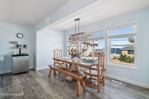 Dining room, Interior, Pendant Lights, Wood Texture Flooring