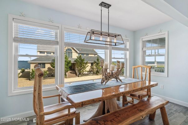 Dining room, Interior, Pendant Lights, Wood Texture Flooring