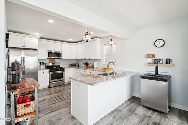 Interior, Kitchen, Pendant Lights, Recessed Lighting, Stainless Steel Appliances, Wood Texture Flooring