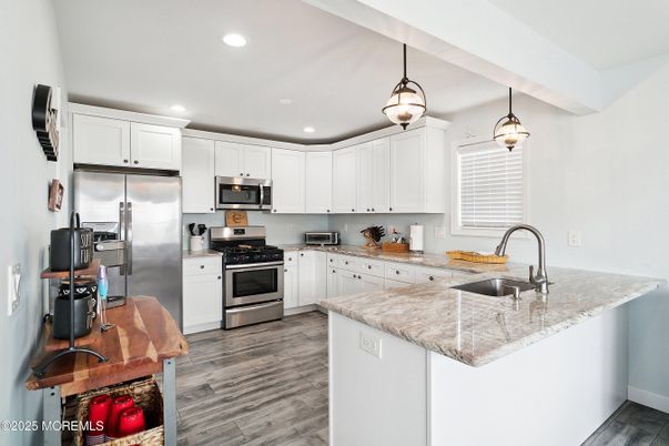 Interior, Kitchen, Pendant Lights, Recessed Lighting, Stainless Steel Appliances, Wood Texture Flooring