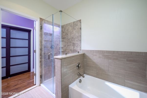 Bathroom, Glass Shower, Interior, Wood Texture Flooring