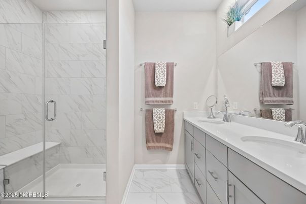 Bathroom, Dual Sink Vanities, Glass Shower, Interior, Marble, Marble Walls