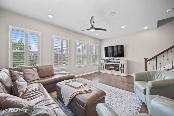 Fireplace, Interior, Living room, Recessed Lighting, Wood Texture Flooring