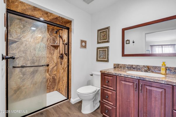 Bathroom, Glass Shower, Interior, Wood Texture Flooring