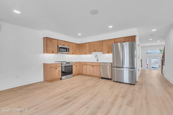 Interior, Kitchen, Recessed Lighting, Stainless Steel Appliances, Wood Texture Flooring