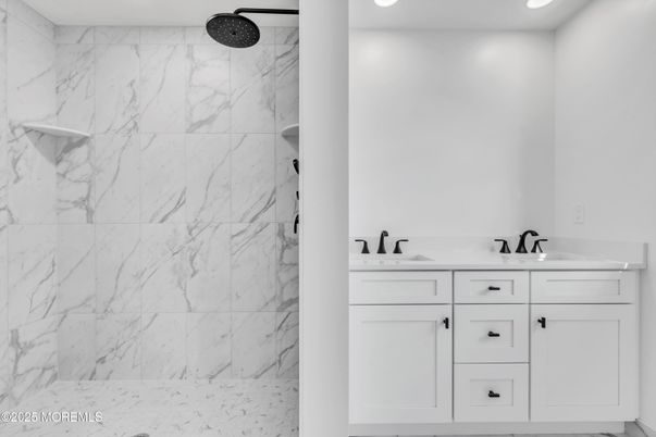 Bathroom, Dual Sink Vanities, Interior, Marble Walls, Recessed Lighting