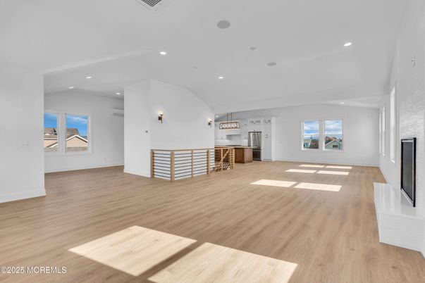 Empty room, Interior, Kitchen, Pendant Lights, Recessed Lighting, Wood Texture Flooring