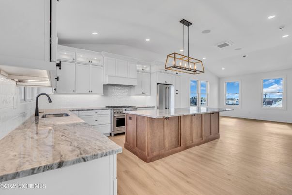 Interior, Kitchen, Pendant Lights, Recessed Lighting, Stainless Steel Appliances, Wood Texture Flooring