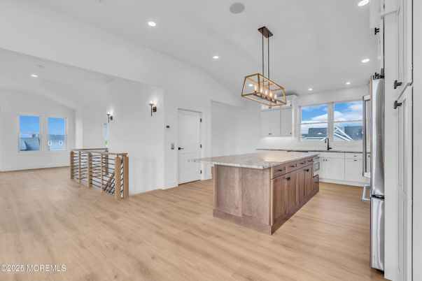 Interior, Kitchen, Pendant Lights, Recessed Lighting, Wood Texture Flooring
