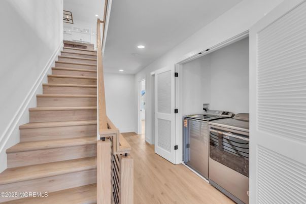 Interior, Kitchen, Recessed Lighting, Washer, Wood Texture Flooring