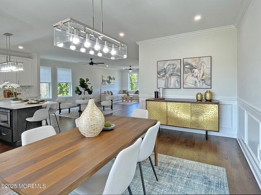 Dining room, Interior, Living room, Pendant Lights, Recessed Lighting, Wood Texture Flooring
