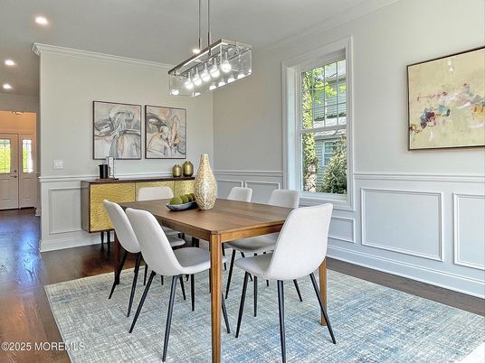 Dining room, Interior, Pendant Lights, Recessed Lighting, Wood Texture Flooring