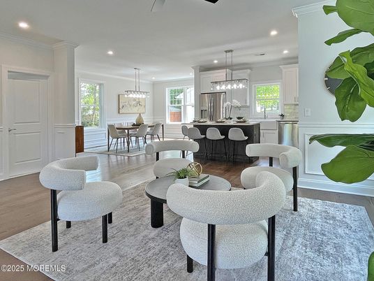 Dining room, Interior, Kitchen, Pendant Lights, Recessed Lighting, Stainless Steel Appliances, Wood Texture Flooring