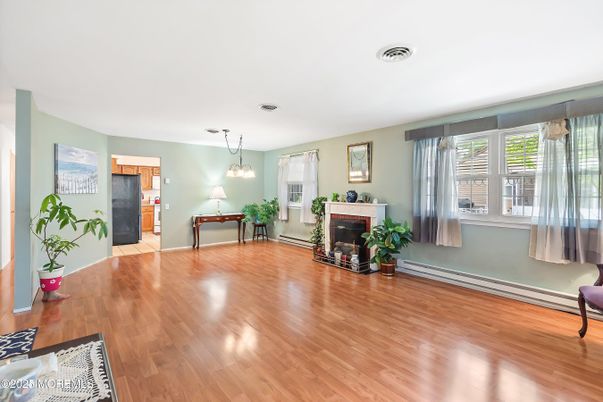 Empty room, Fireplace, Interior, Pendant Lights, Wood Texture Flooring