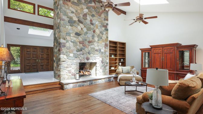 Fireplace, Interior, Living room, Stone Walls, Wood Texture Flooring