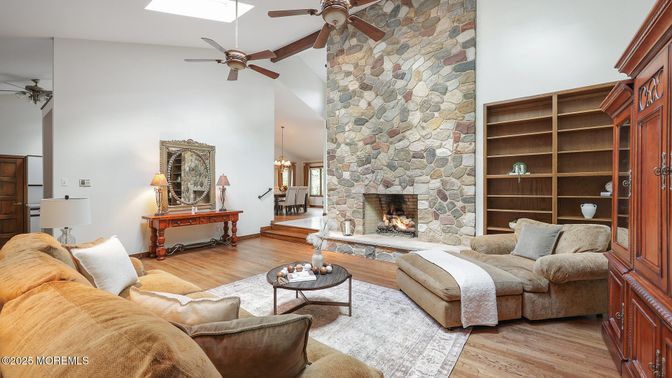 Fireplace, Interior, Living room, Stone Walls, Wood Texture Flooring