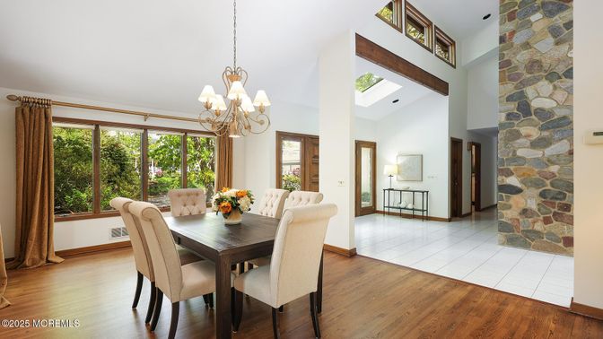 Chandelier, Dining room, Interior, Stone Walls, Wood Texture Flooring