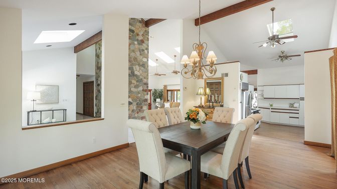 Chandelier, Dining room, Interior, Kitchen, Pendant Lights, Wooden Beams, Wood Texture Flooring