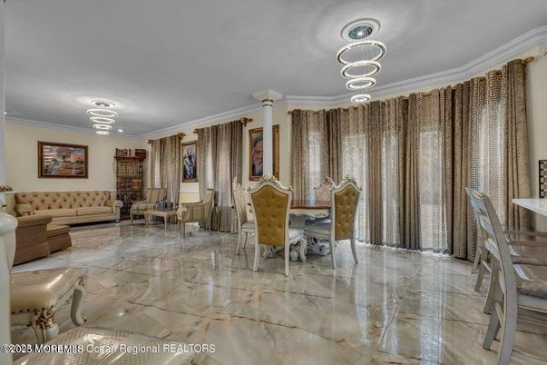 Dining room, Interior, Living room, Marble, Pendant Lights