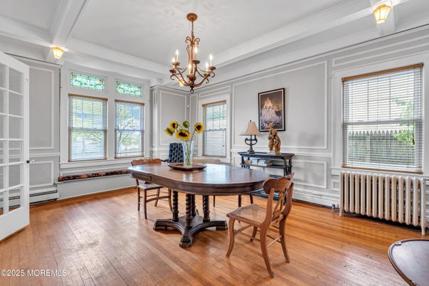 Chandelier, Dining room, Interior, Wood Texture Flooring