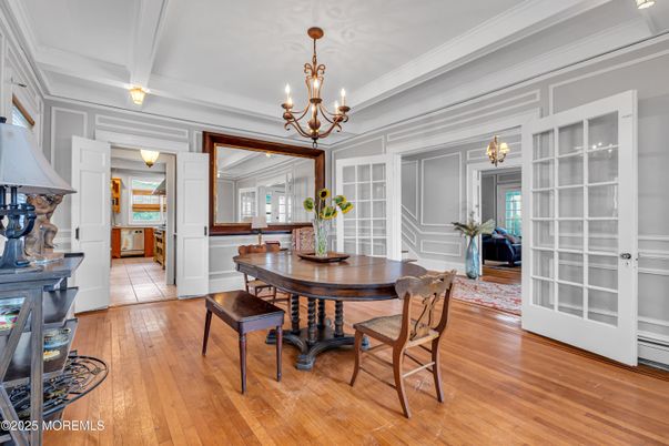 Chandelier, Dining room, Interior, Wood Texture Flooring