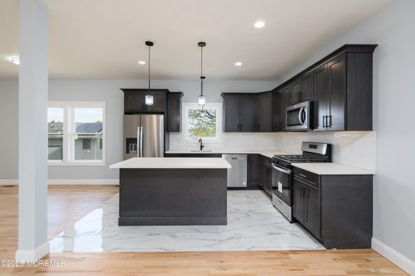 Interior, Kitchen, Marble, Pendant Lights, Recessed Lighting, Stainless Steel Appliances
