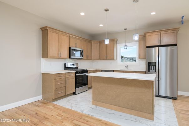 Interior, Kitchen, Marble, Pendant Lights, Recessed Lighting, Stainless Steel Appliances