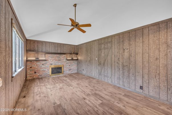 Empty room, Fireplace, Interior, Stone Walls, Wood Texture Flooring, Wooden Walls